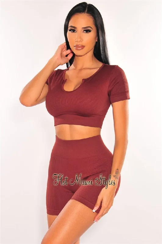 HMS Fit: Chocolate Ribbed Short Sleeve Biker Short Two Piece Set