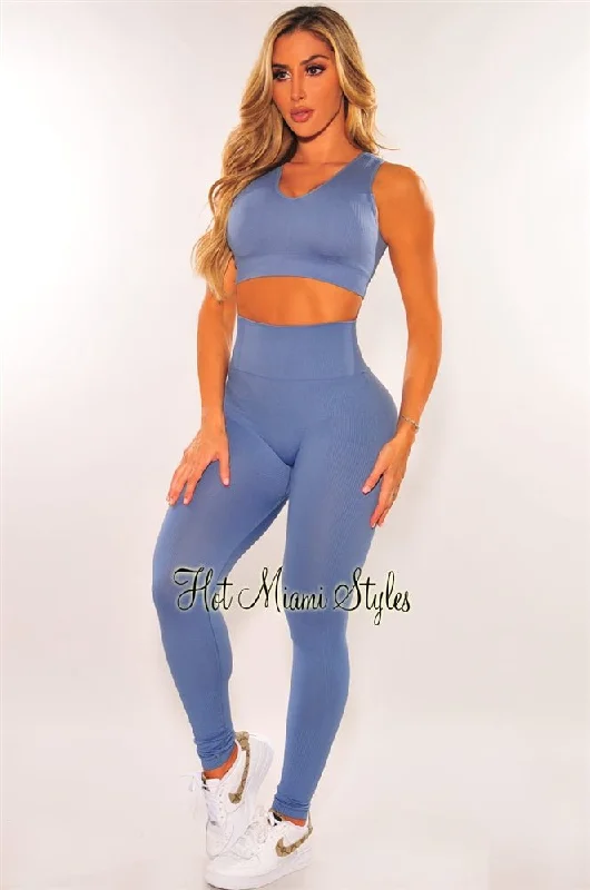 HMS Fit: Dusty Blue Seamless Padded High Waist Leggings Two Piece Set