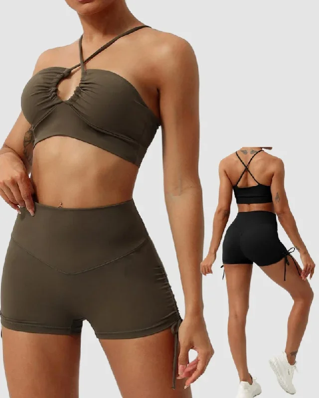 Women Quick Dry Halter Neck Criss Cross Drawstring Shorts Sets Yoga Two Pieces Sets S-XL