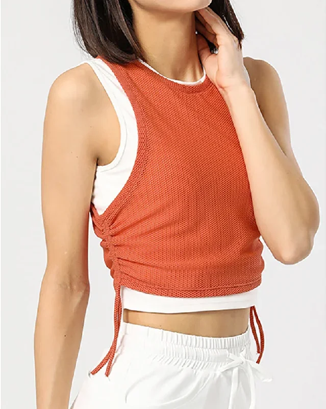 Women Sleeveless Mesh Breathable Colorblock Side Drawstring Sports Vest White Orange Blue S-XL