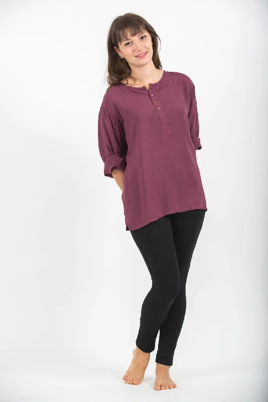 Womens Yoga Shirts No Collar with Coconut Buttons in Purple